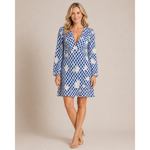 RIXO Dresses & Skirts - RIXO London Blue Gingham Daisy Floral‎ V-Neck Mini Dress Smocked Back Size 10